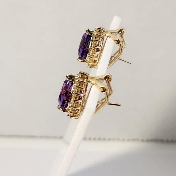 Vtg 80's 4.69g 14K Gold Natural Amethyst & Diamond Omega Back Earrings - Picture 9 of 15